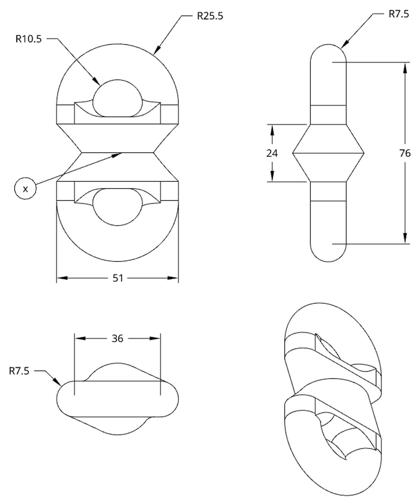 Engineering drawing of the test part from the front, side, and top, with a loop at each end and a circular interface in the middle.