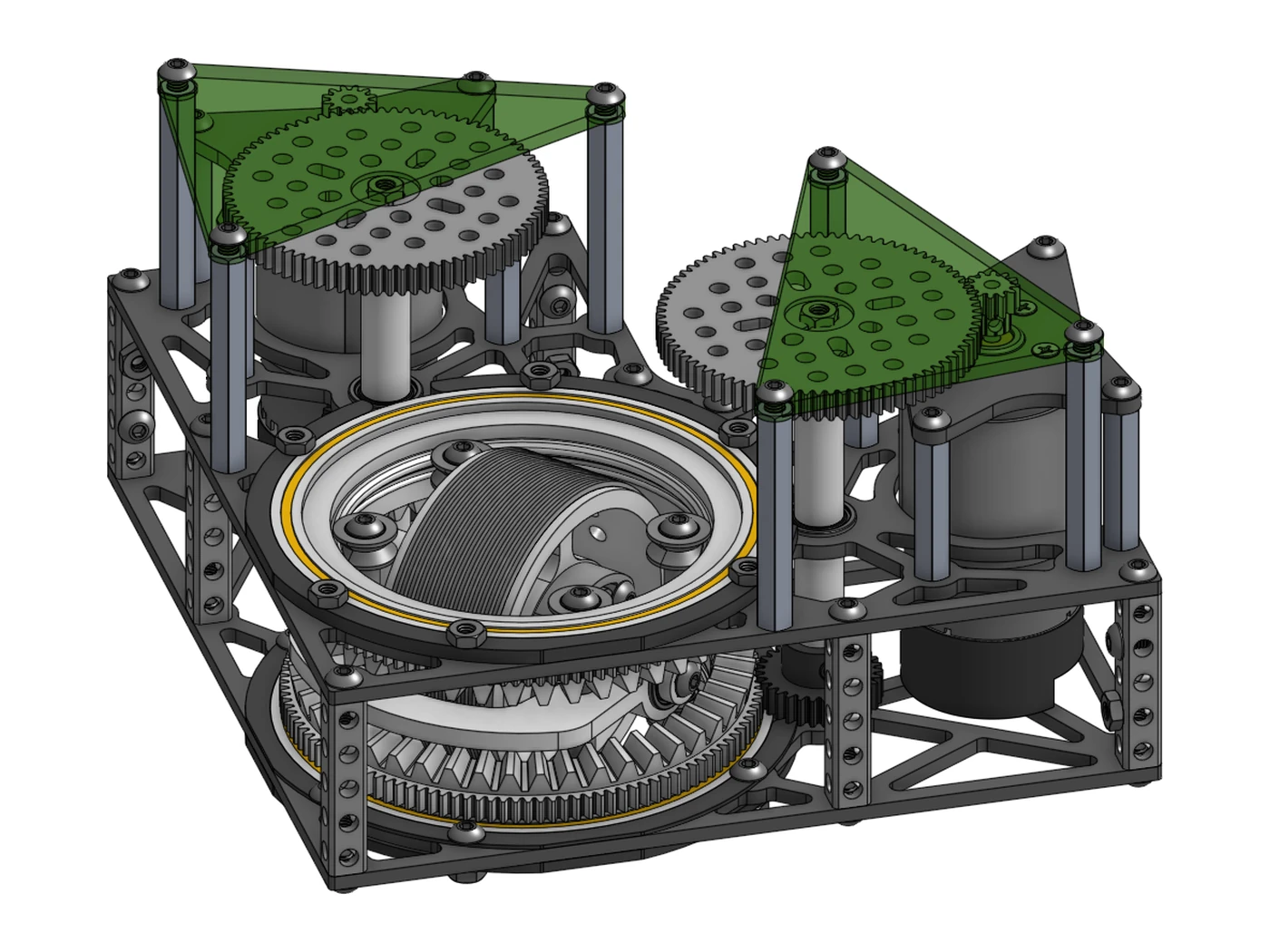 CAD render of the full differential swerve module: spur gears and motors on a perforated frame, with the pod at the center.