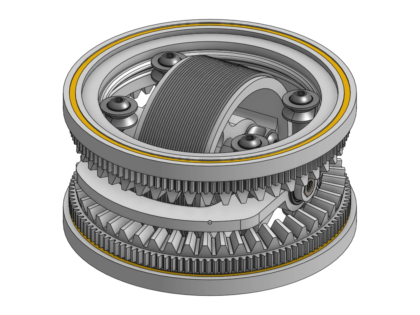 CAD render of the differential pod alone: two bevel gear rings with bearing races and the grooved wheel carried between them.